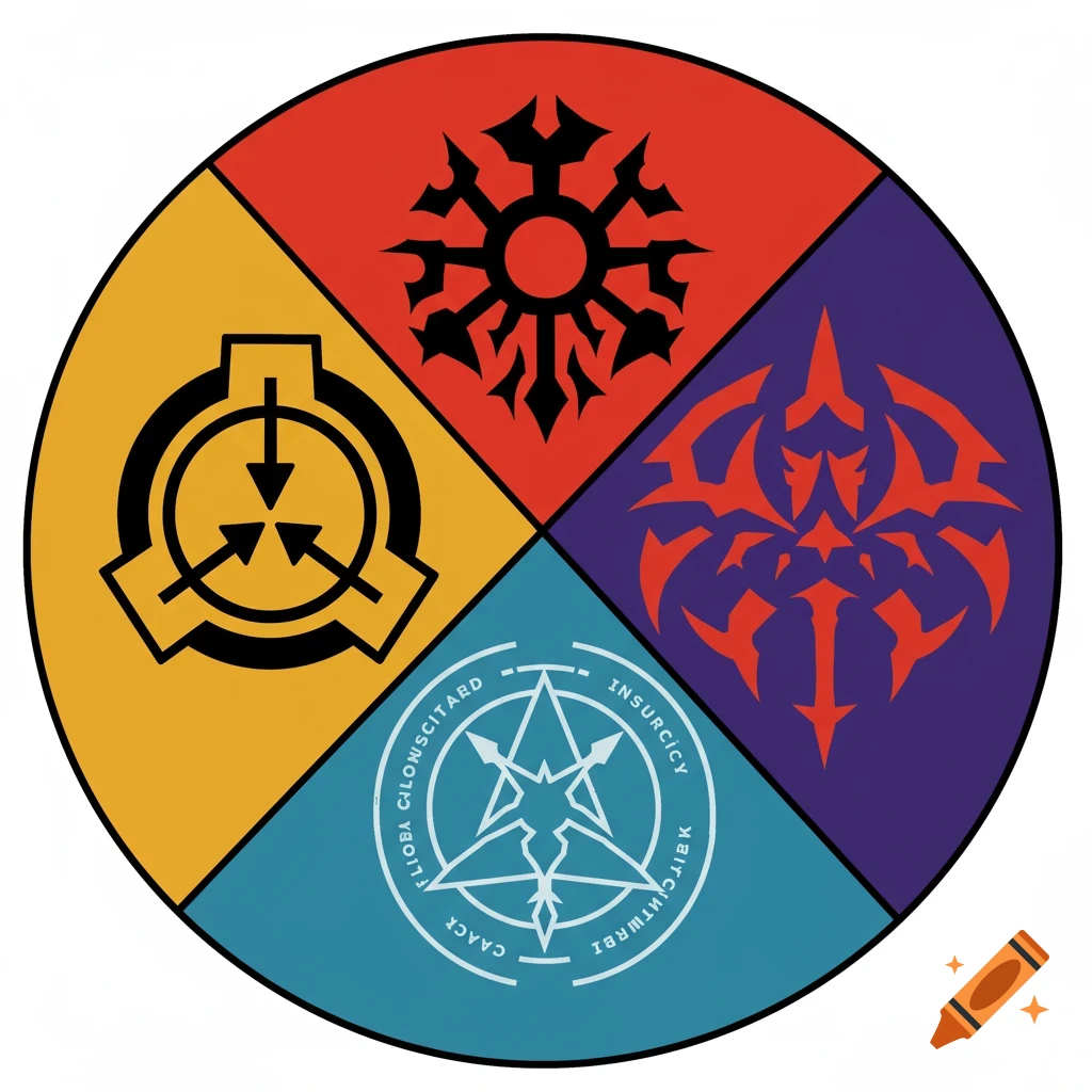 A circular logo split into four quarters. Each quarter contains a different symbol: SCP logo on yellow, a black symbol on red, a red spiky symbol on purple, and a white star-like symbol with garbled text on cyan.