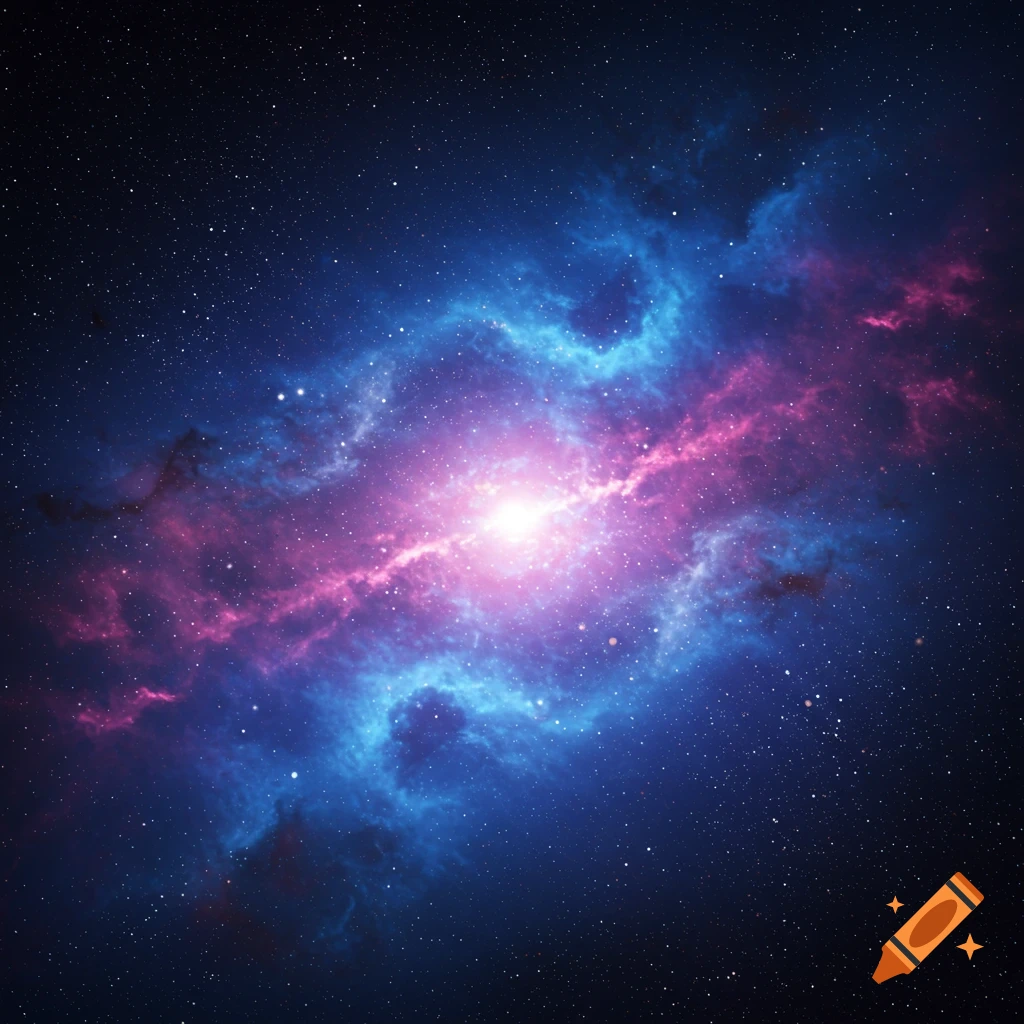A colorful nebula in space with pink and blue gases and many stars