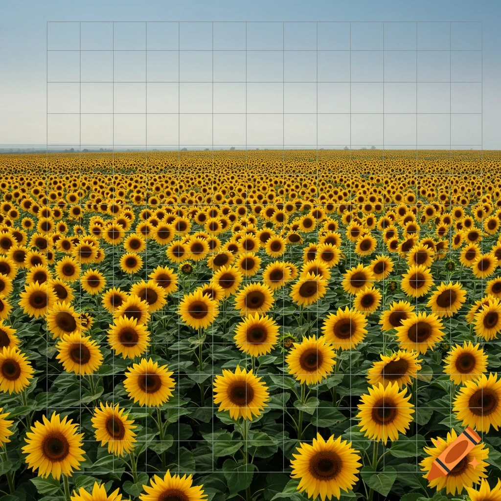 A wide field of yellow sunflowers under a blue sky, overlaid with a white grid.