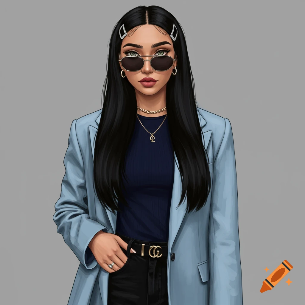 Digital illustration of a woman in a blue blazer, navy top, and black pants, wearing sunglasses, a gold necklace, and belt.