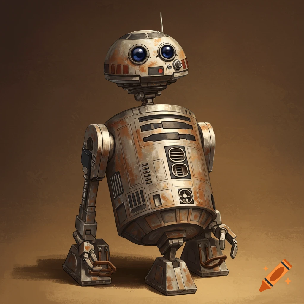 A rusty, weathered robot standing.