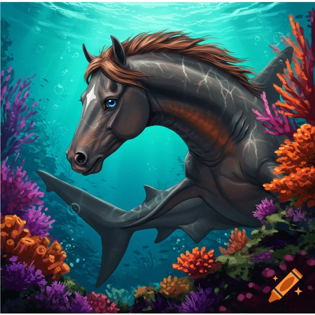A creature with the head of a horse and the body of a shark swims underwater among colorful coral.