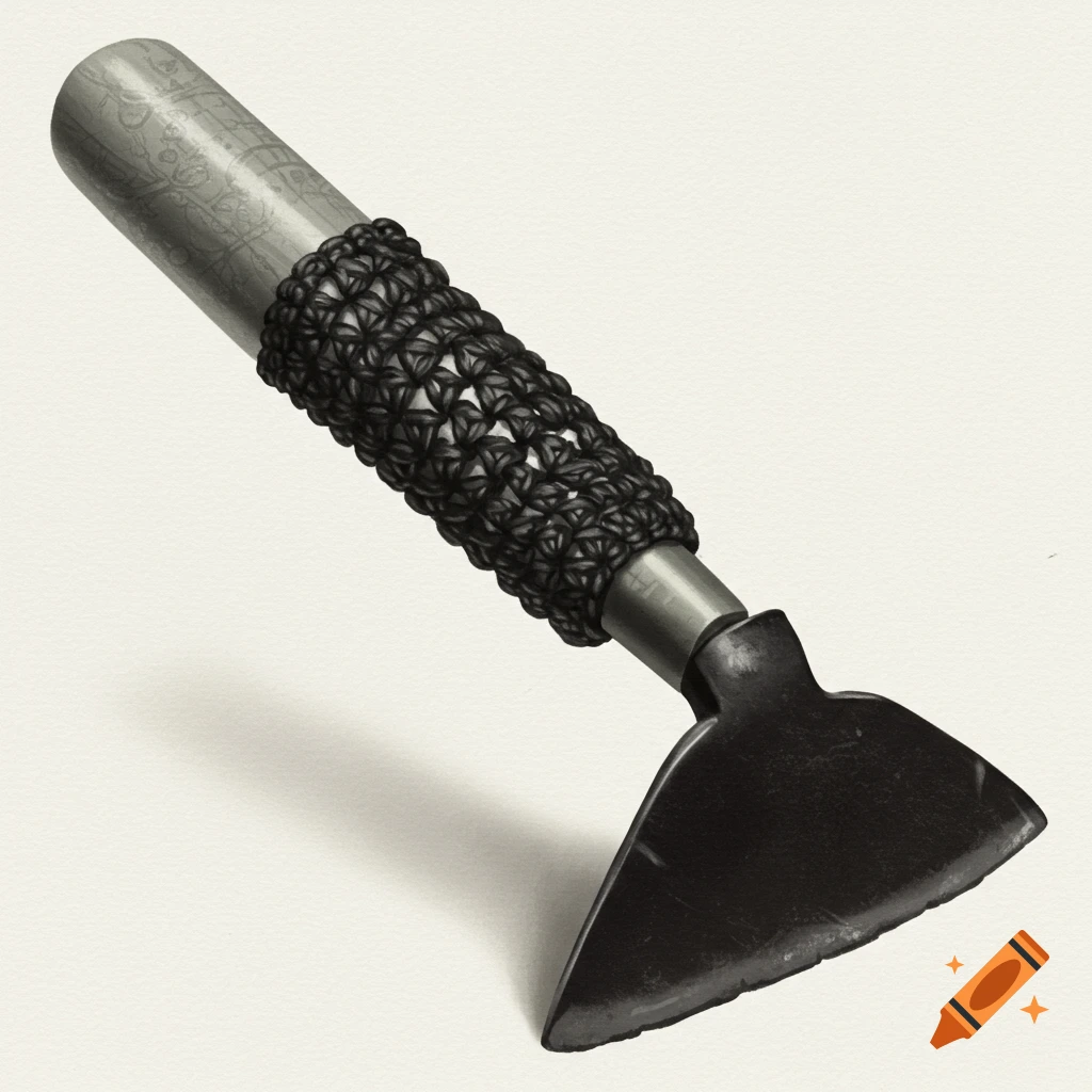 A garden hoe with a black crocheted handle.