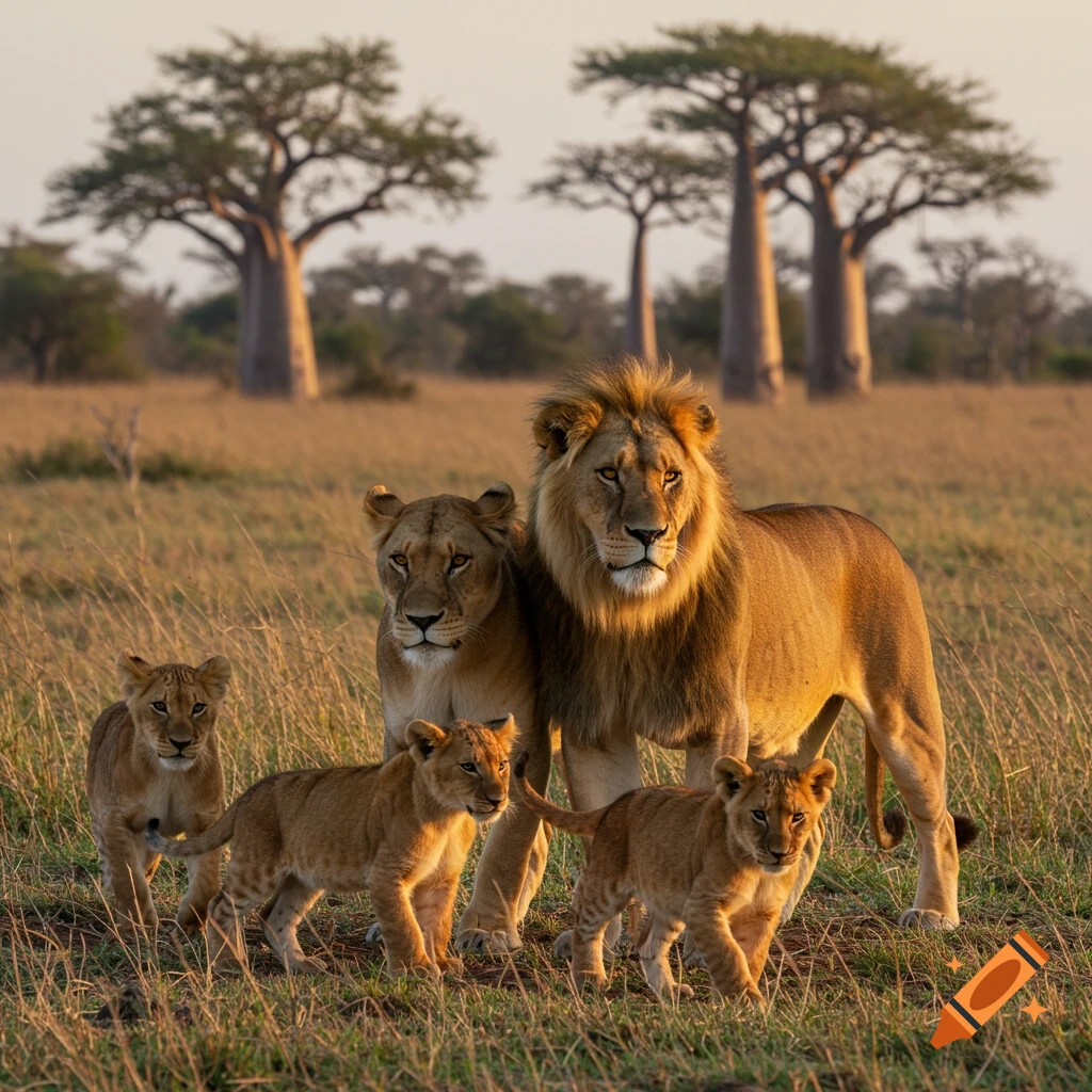 A lion pride stands in a grassy savanna with baobab trees in golden light. Photorealistic style.