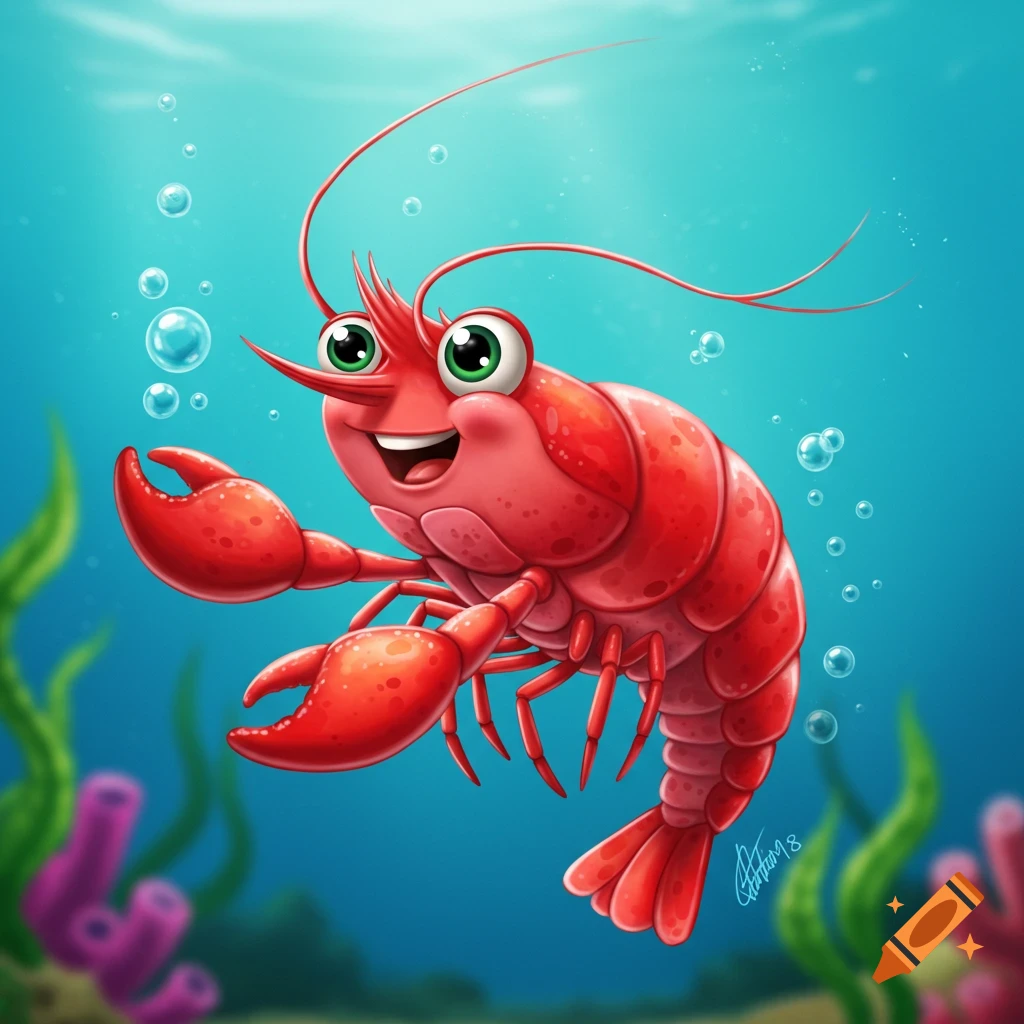 Cartoon red shrimp smiling underwater