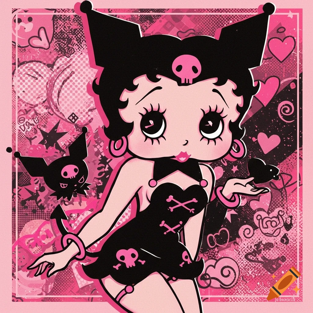 Cartoon image of Betty Boop dressed as Kuromi with small dark figures in a pink and black patterned background.
