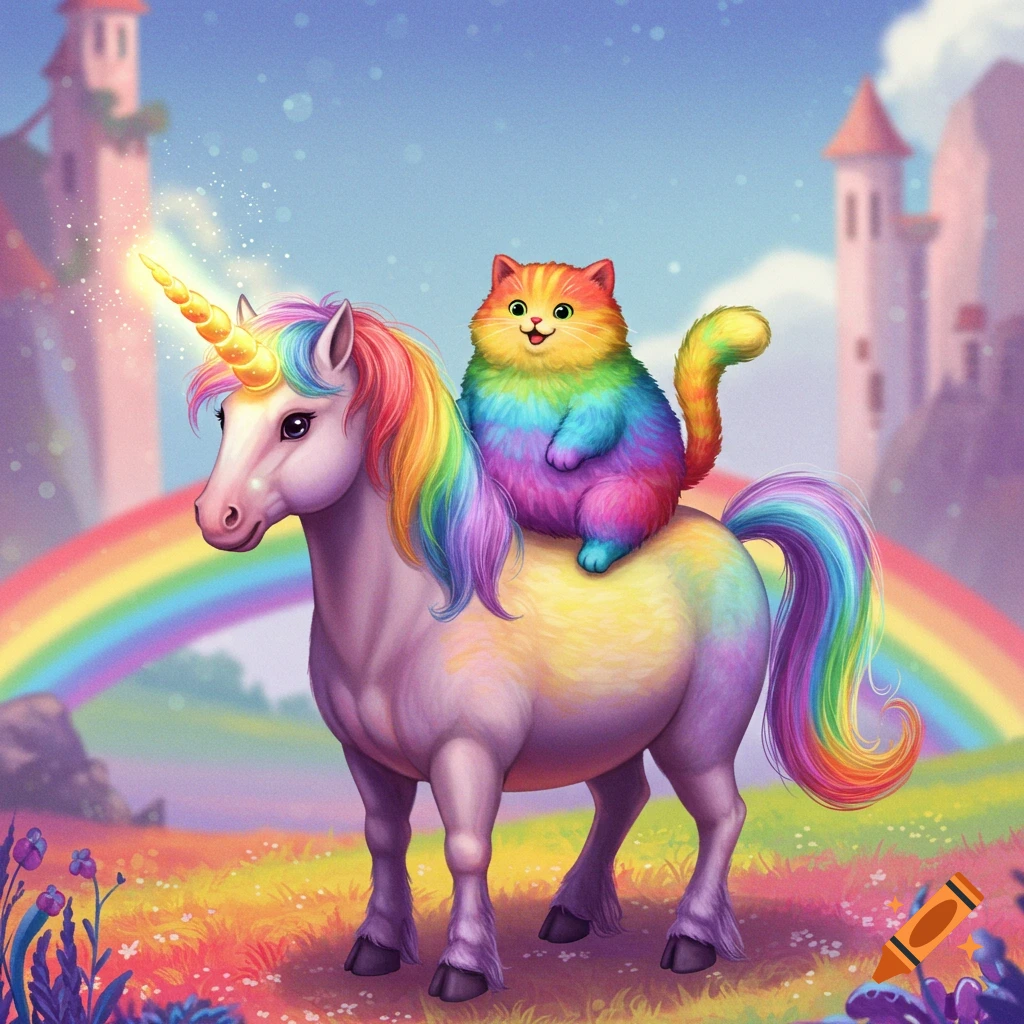 A rainbow colored cat is depicted riding a rainbow colored unicorn through a field, with a rainbow and a castle in the background.