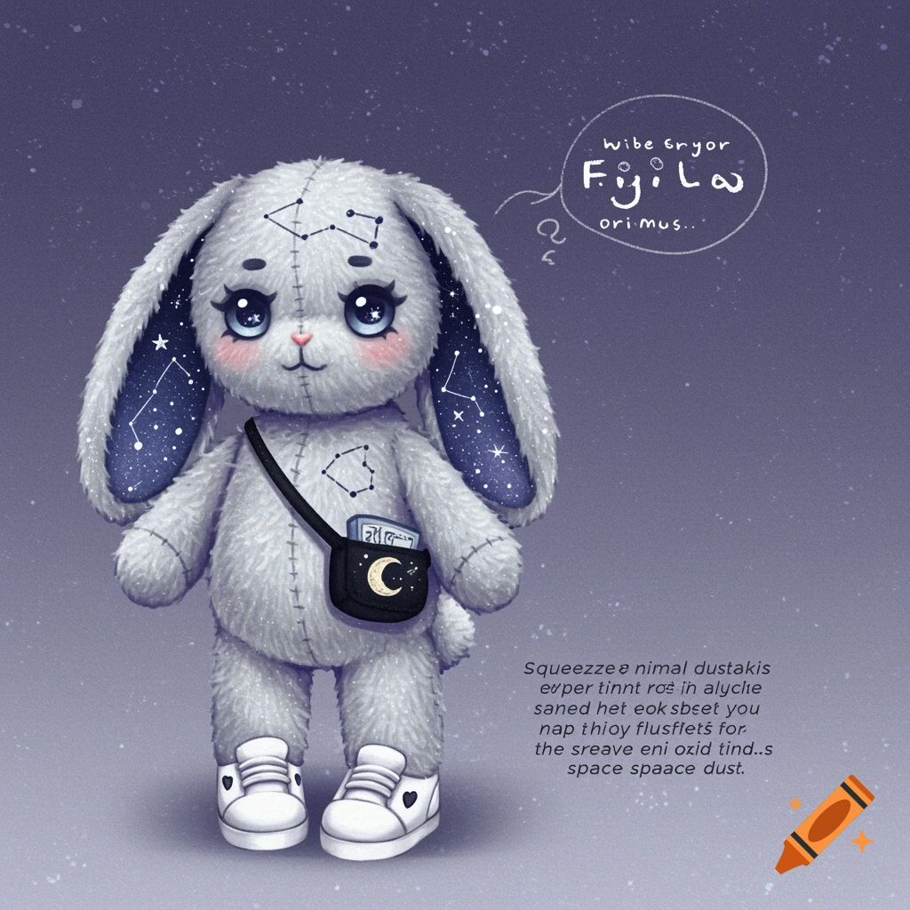 A fluffy white stuffed bunny with cosmic markings and a moon bag.