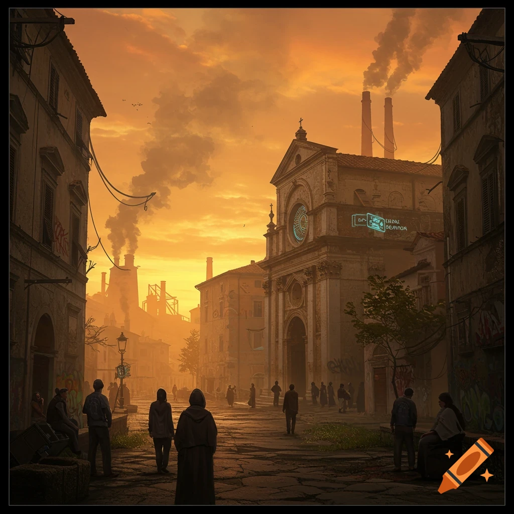 A dystopian city street scene with people, buildings, and smoking factory chimneys.