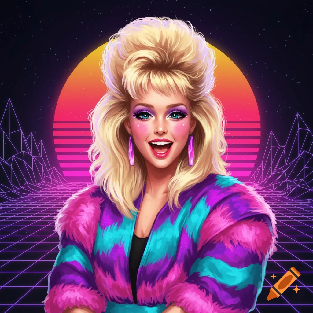 An 80s-style blonde woman with big hair and a colorful furry jacket smiles against a retro synthwave background