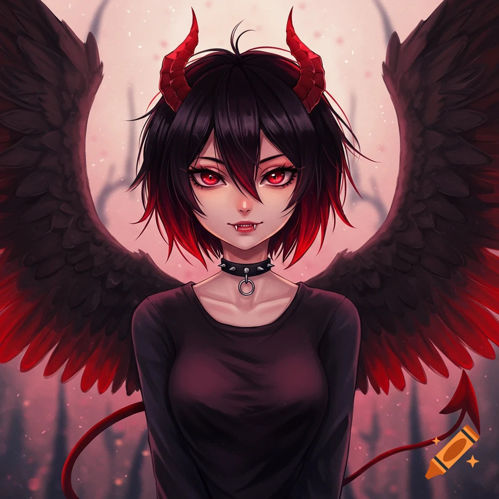 Anime illustration of an emo demon girl with red eyes, horns, black wings, and tail.