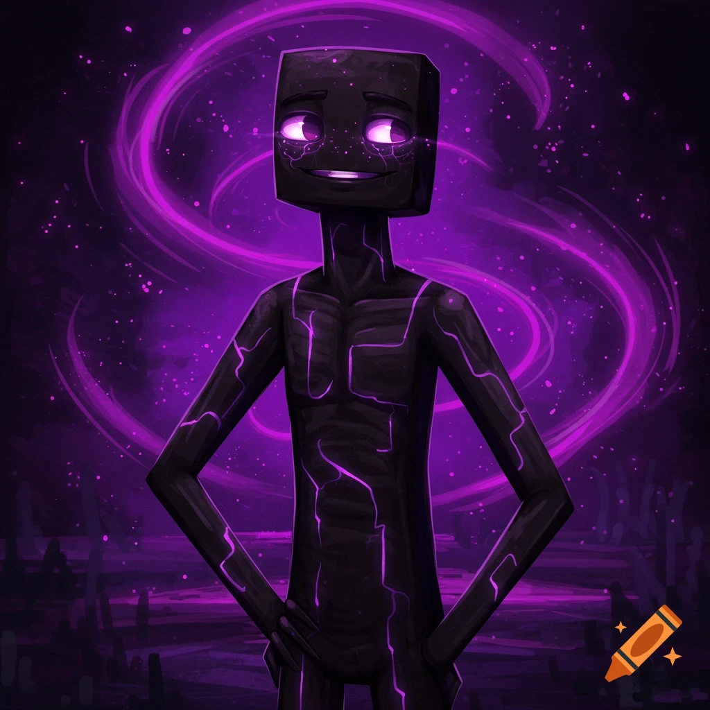 Minecraft Enderman with glowing purple cracks and eyes, standing against a swirling purple background.