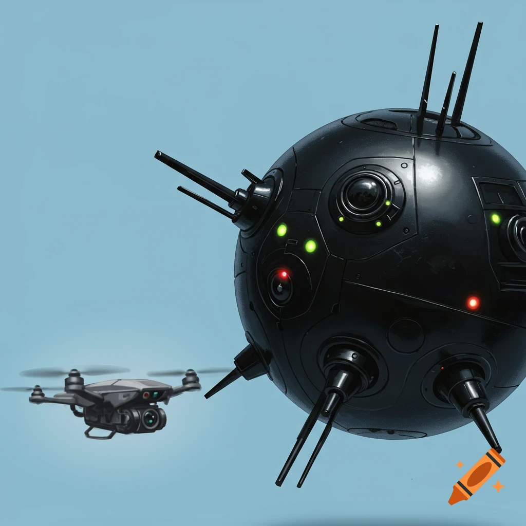 A small drone flying next to a large black spherical probe droid in a blue sky.