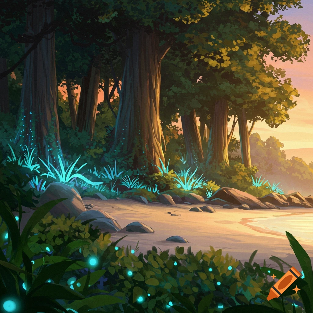 A forest edge meets a beach at sunset, with glowing blue plants.
