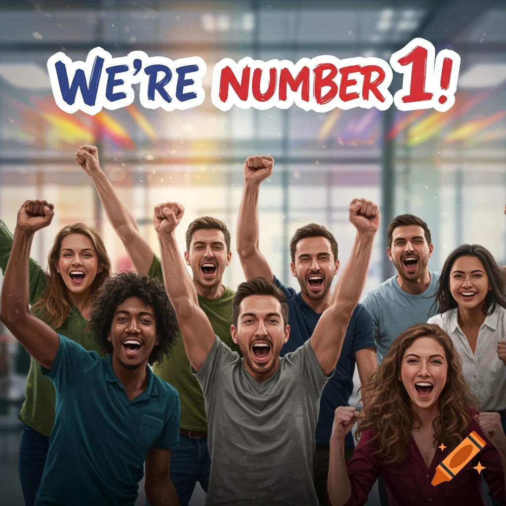 A diverse group of people cheer with fists raised under the text 'WE'RE NUMBER 1!'