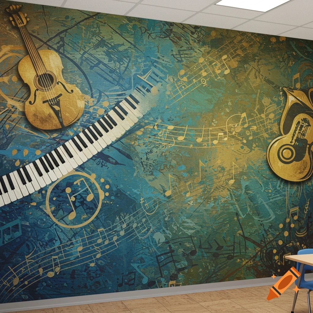 A music classroom wall mural with instruments and notes