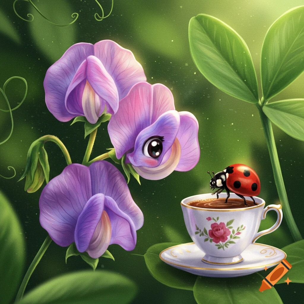 A cartoonish ladybug sits on a coffee cup next to a sweet pea flower with an eye.