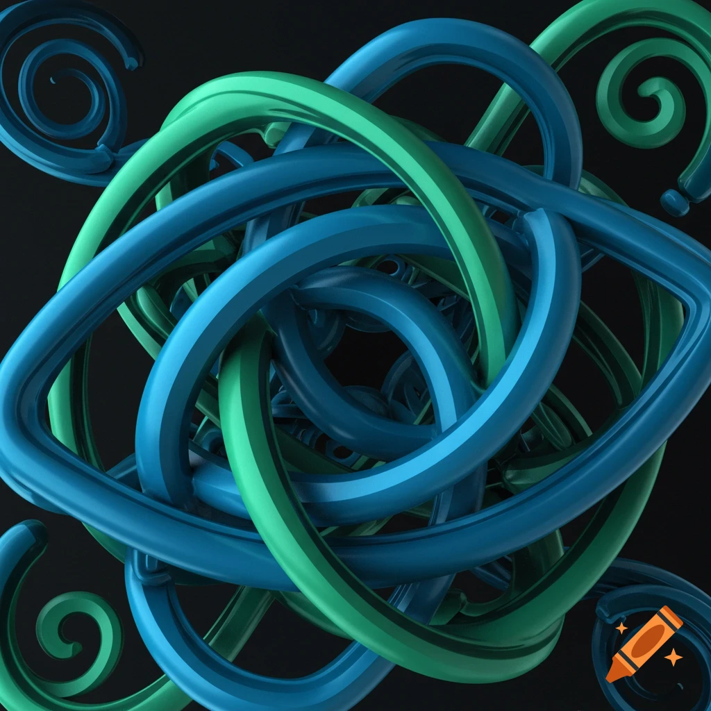 Interlocking blue and green glossy 3D spiral shapes against a dark background.