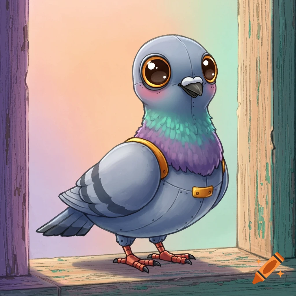 A cute robotic pigeon sits on a window ledge