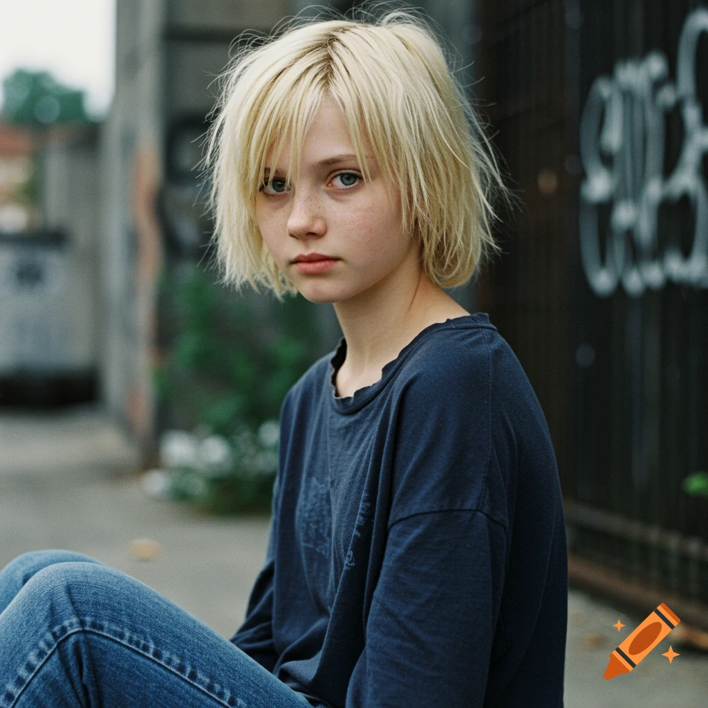 Portrait of a young girl with short blonde hair and blue eyes sitting in an urban setting with graffiti.