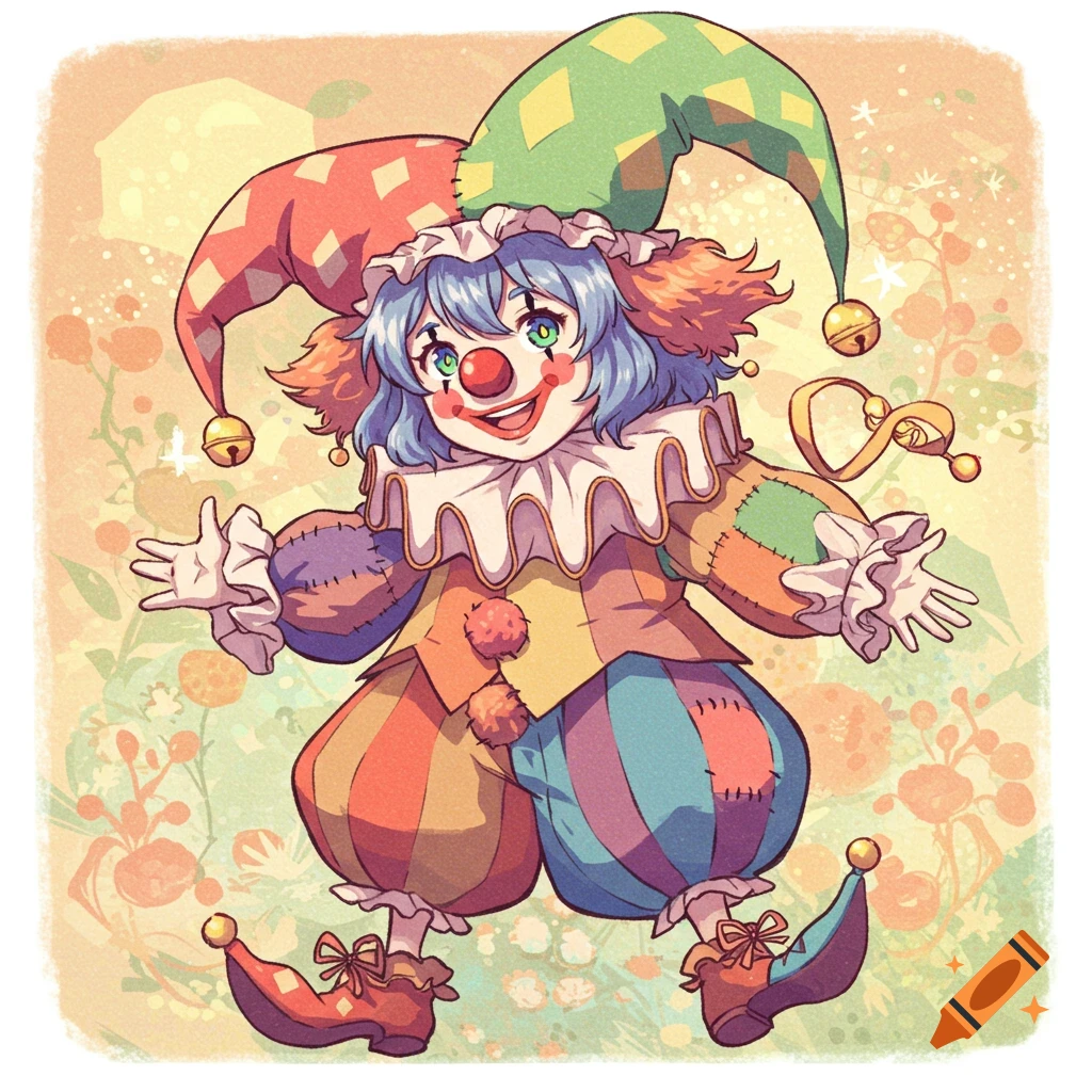 An anime character dressed as a clown with blue hair and a jester hat stands against a floral background.