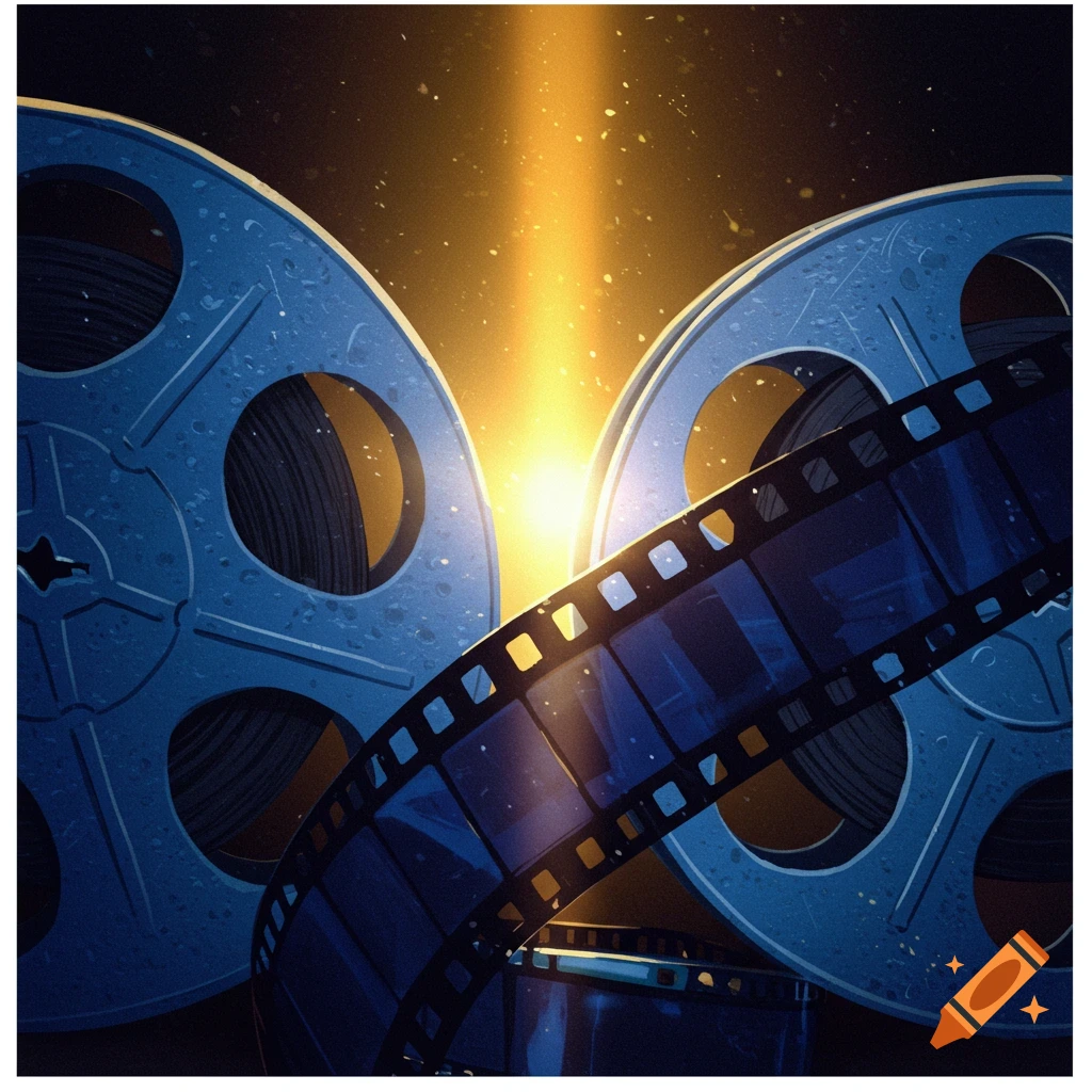 Two blue film reels with a film strip unfurling between them, illuminated by a bright light.