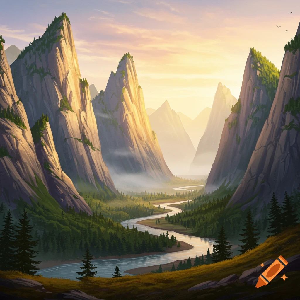 Scenic mountain valley with a winding river at sunset.