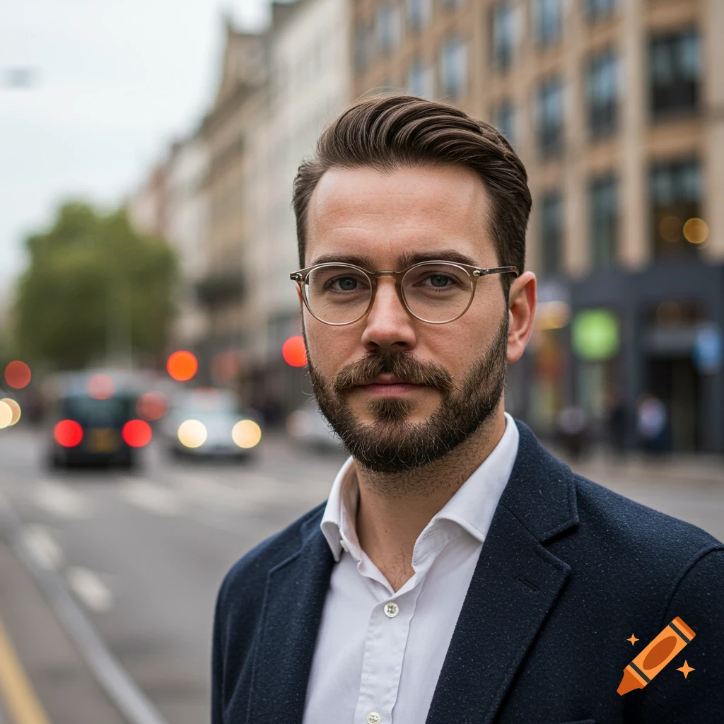 Portrait of a man with glasses and beard on a city street.