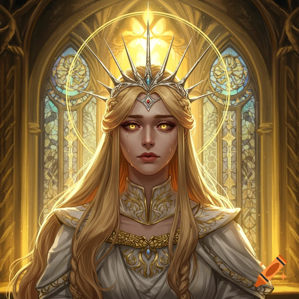 A fantasy queen with blonde hair, golden eyes, a spiked crown, and an ornate white and gold dress, standing before a stained glass window with a halo.