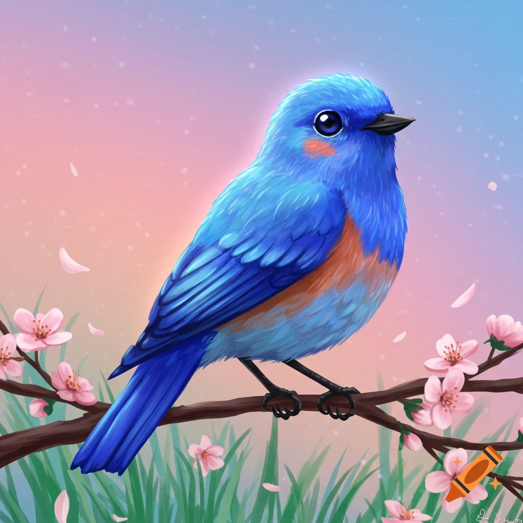 A blue bird perches on a cherry blossom branch.