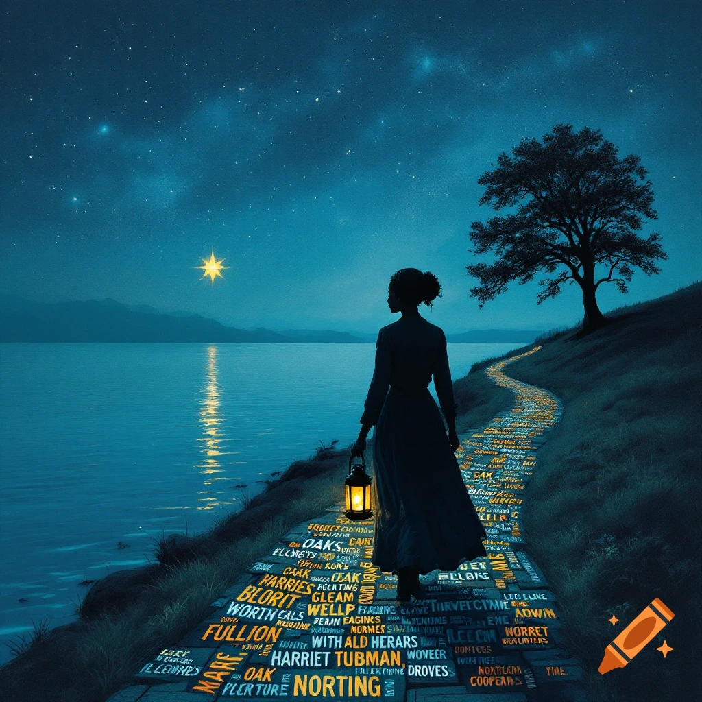 Harriet Tubman silhouette walking on a word path by a lake under a starry sky with a north star, holding a lantern.