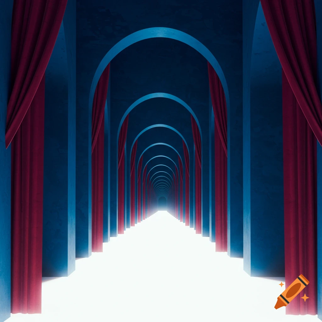 A long hallway with blue arches and red curtains, leading to a bright light in the distance.