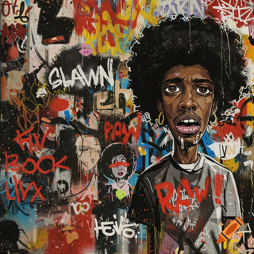 Cartoon portrait of a person with an afro against a vibrant, chaotic graffiti wall.