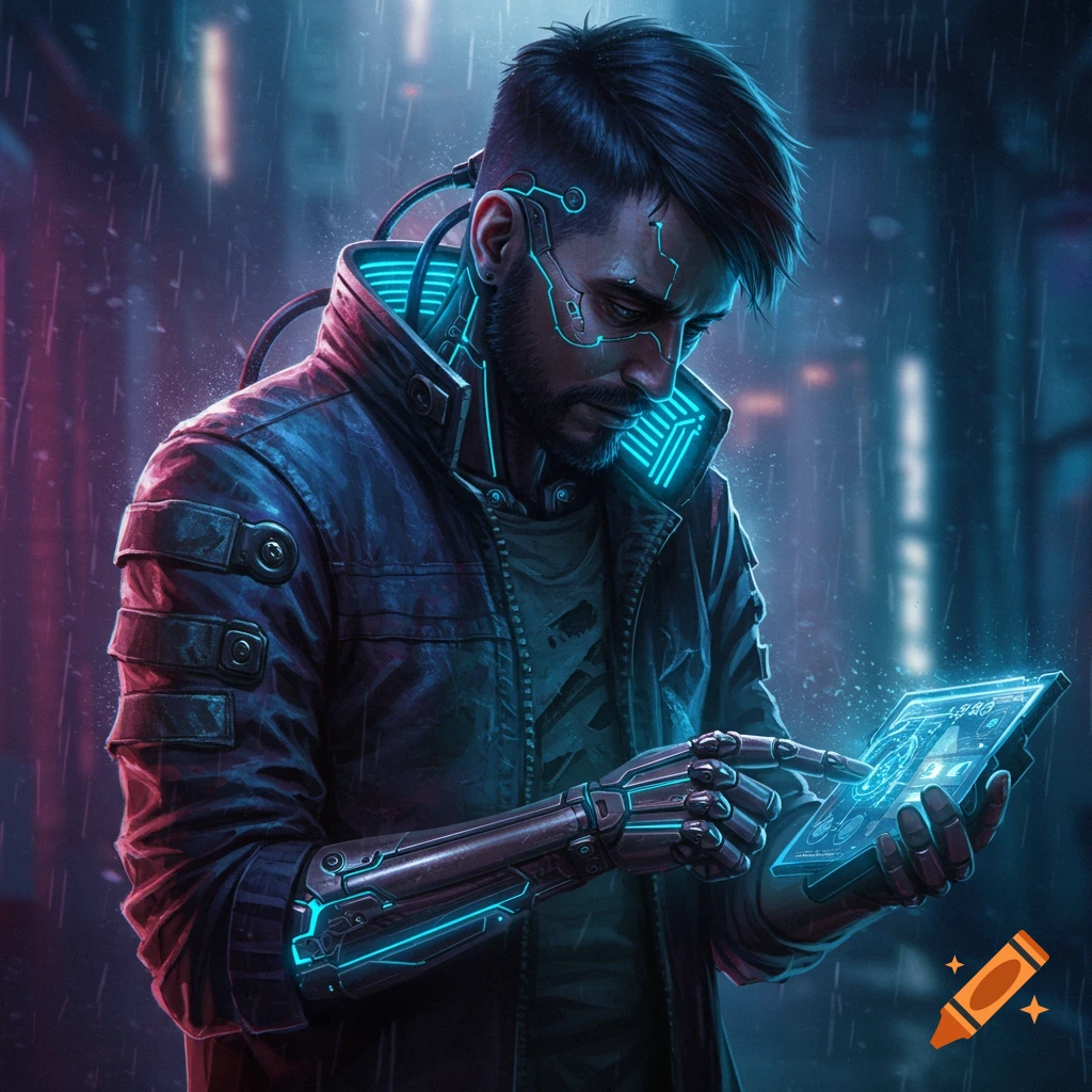A cybernetic man looks at a glowing tablet in the rain under neon lights.