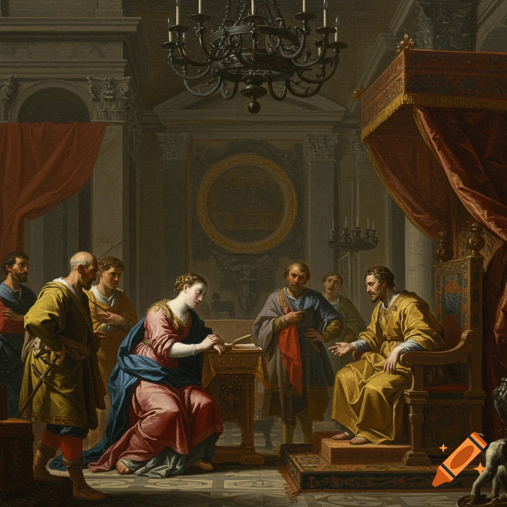 Baroque painting of King Solomon on his throne with two women and other figures in a grand hall.
