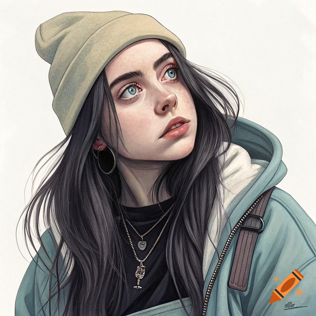Stylized portrait of a young woman in a beanie and jacket looking up.