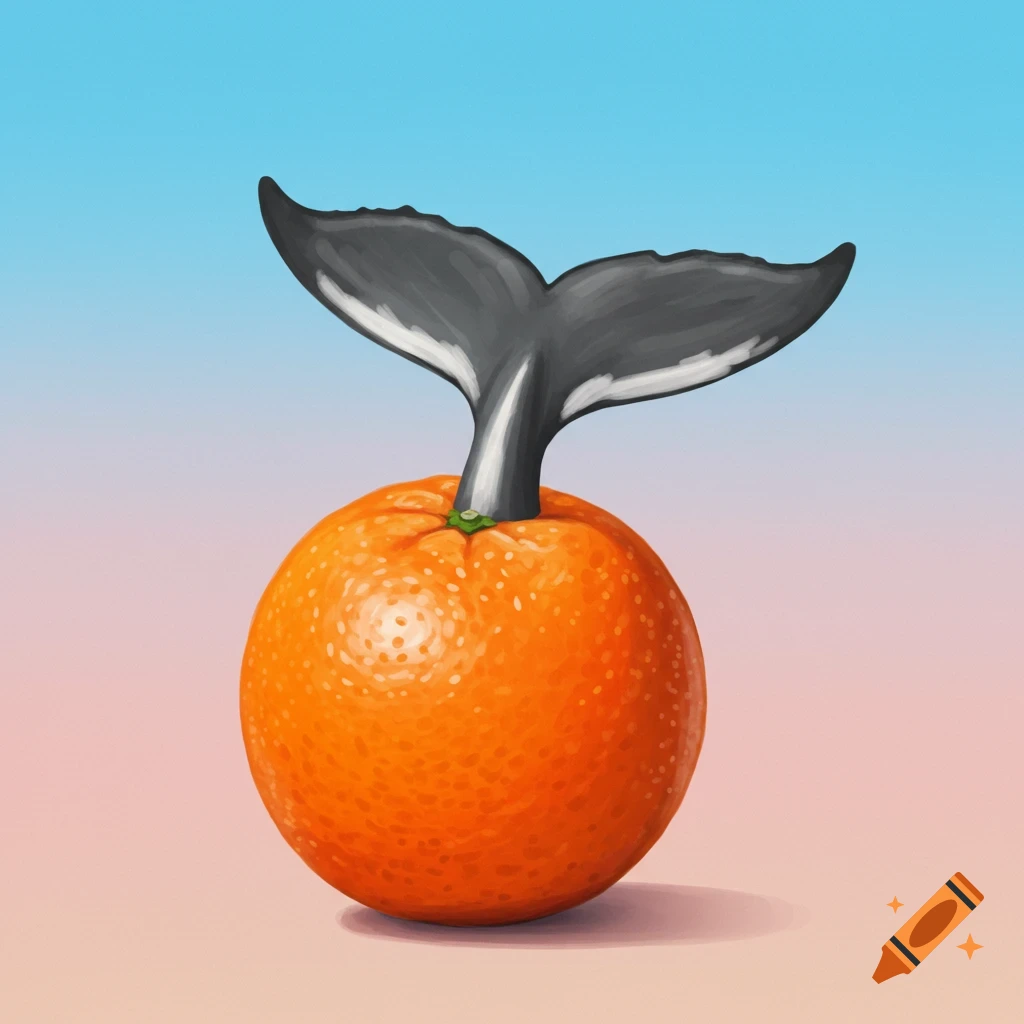 A whale tail sprouting from an orange fruit.