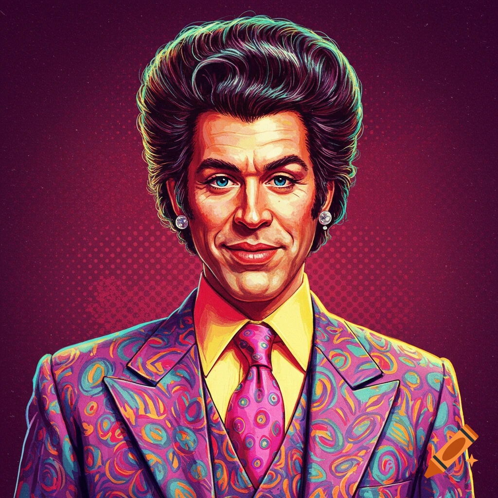 A man in a colorful suit with large, gelled hair against a pop art background.