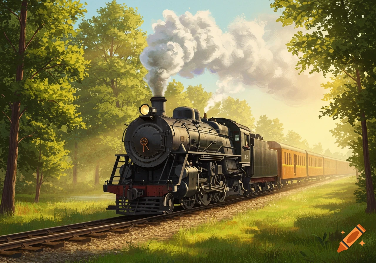 Vintage steam train traveling through a forest landscape.