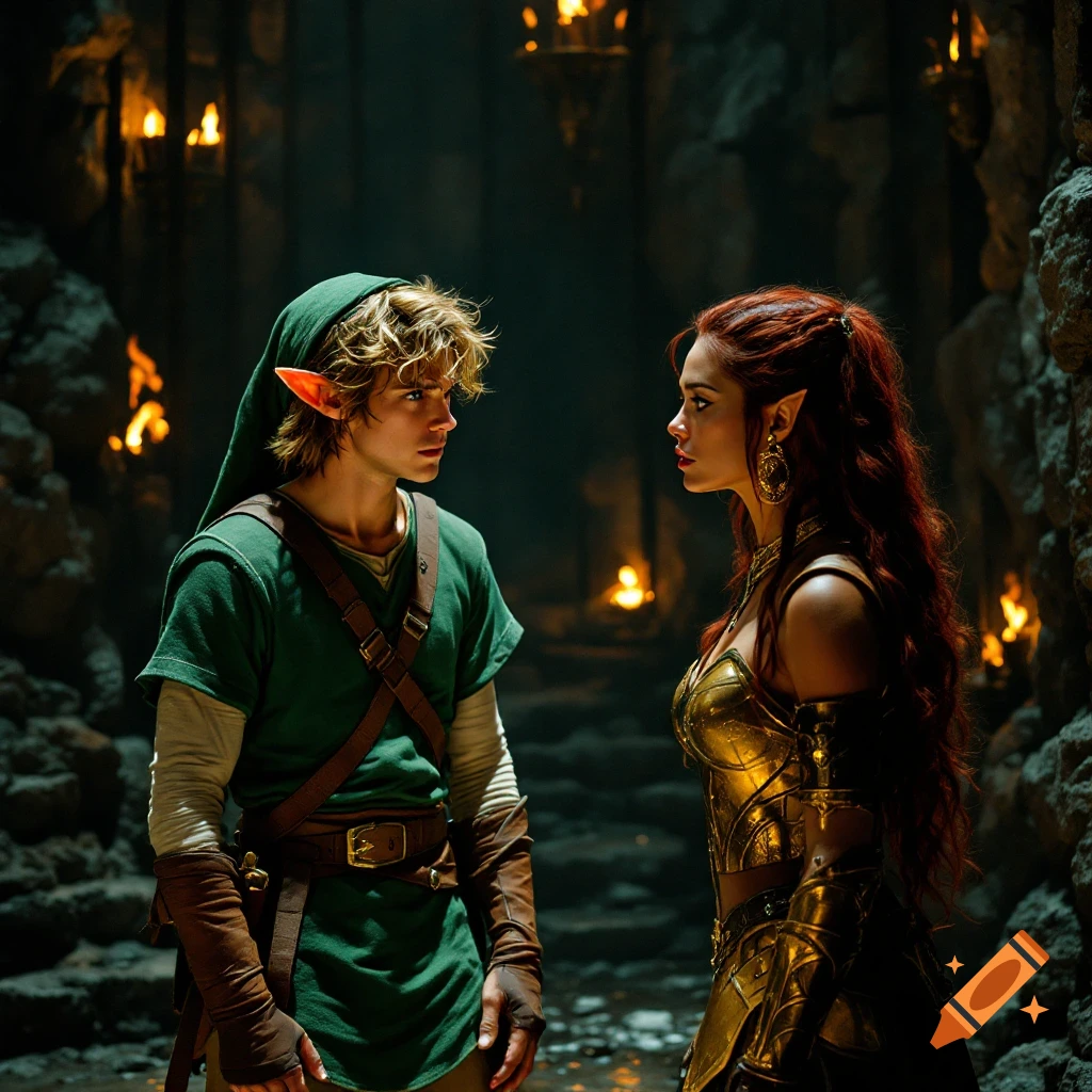 Two fantasy characters, a male in a green tunic and a female in gold armor, face each other in a dark torch-lit dungeon.