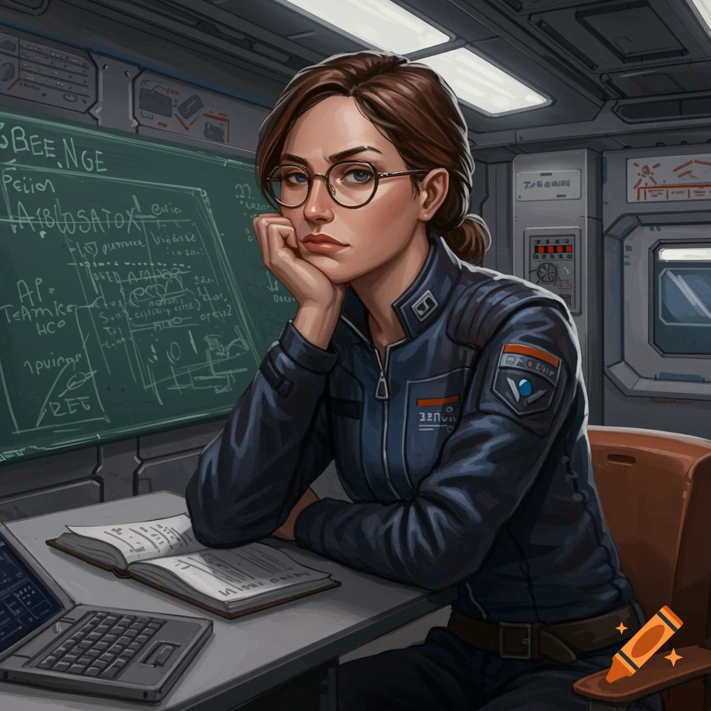 A female engineer in a space station classroom, looking bored with her chin resting on her hand, a chalkboard behind her.
