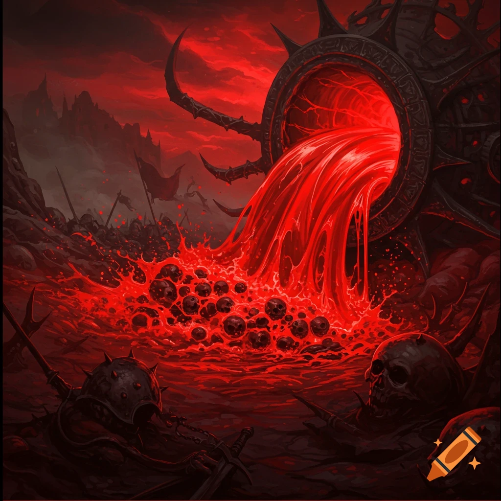 Dark fantasy painting of blood or lava pouring into a pool of skulls.