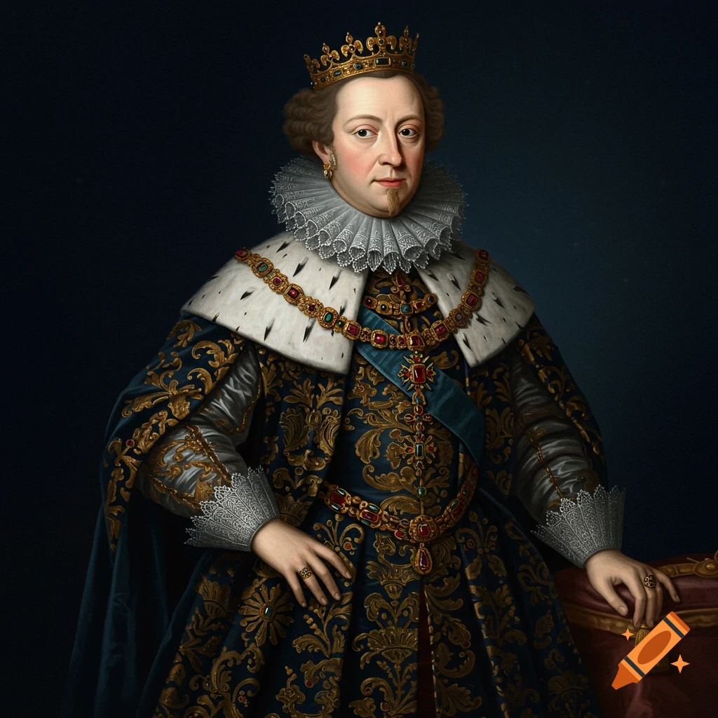 Painting of a person in elaborate historical royal attire including a crown, ruff, and jeweled robe.