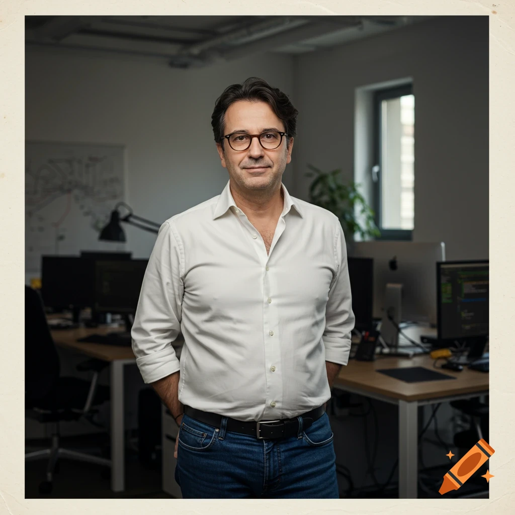 A man wearing a white shirt and jeans stands in an office with his hands behind his back.