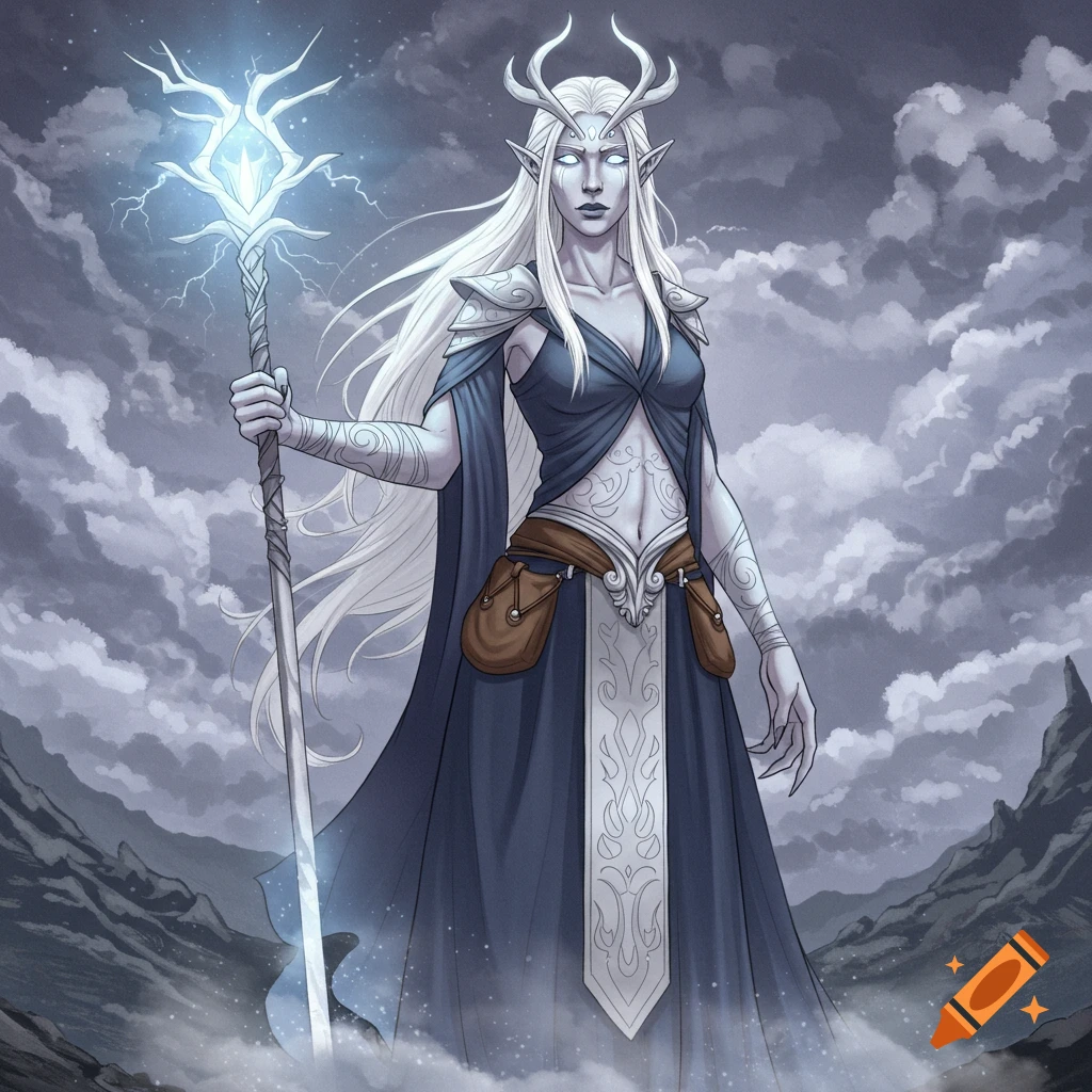 A tall fantasy character with white hair, antlers, pale skin, and a glowing staff, stands against a stormy sky.