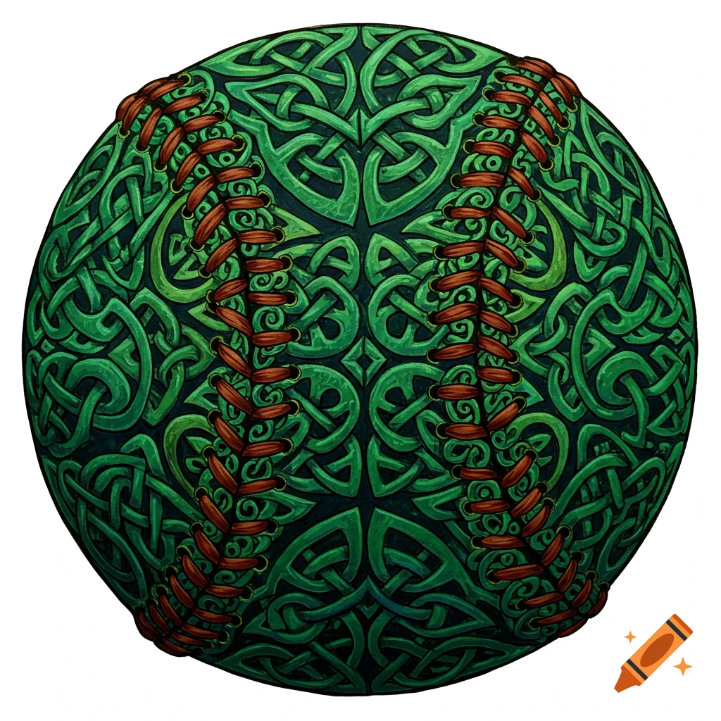 A baseball covered in green Irish knotwork patterns with orange laces.