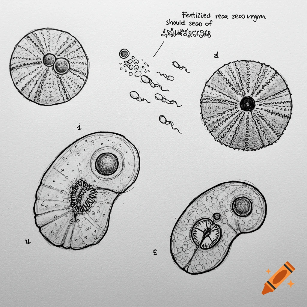Sketch illustrating sea urchin ovum, sperm, and early embryonic development stages.