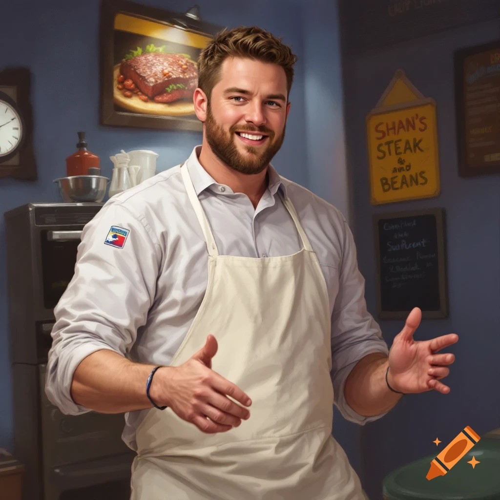 Smiling man in apron in a restaurant kitchen with food signs