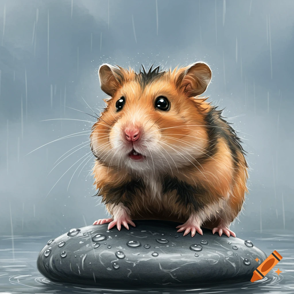 A wet hamster sitting on a rock in the rain.