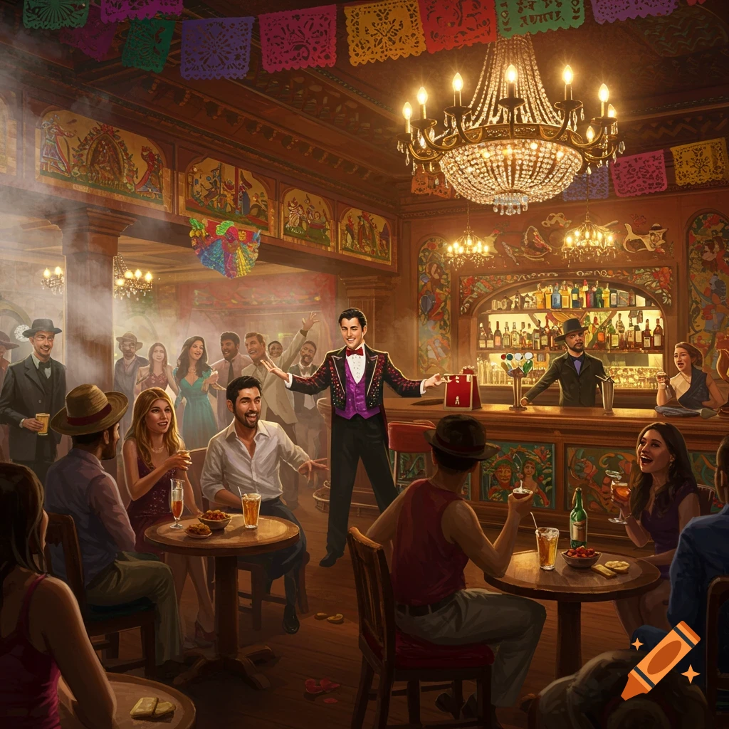 A magician is performing in a lively bar with Mexican decorations and people watching.
